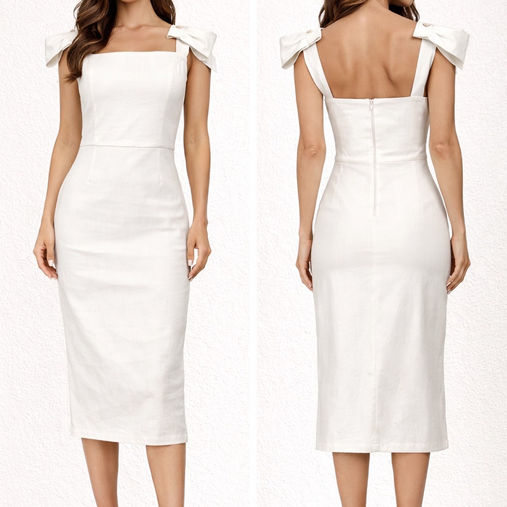 Vesper Bone Bow Strap Midi Dress UK 12 | Stretch Woven